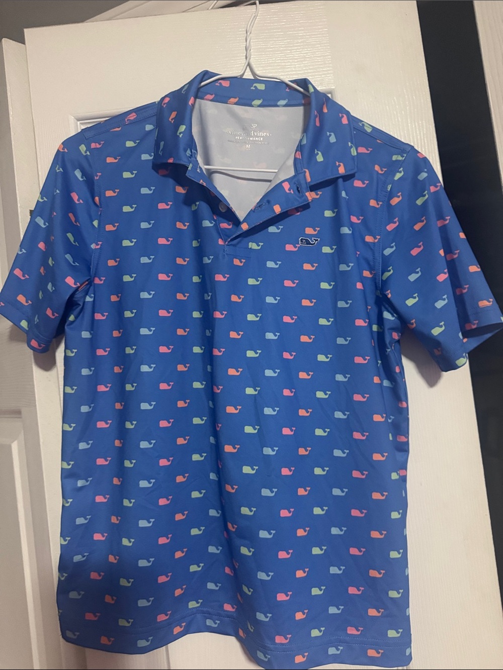 Vineyard Vines Boy’s Blue Performance Polo with Multicolor Whale Print